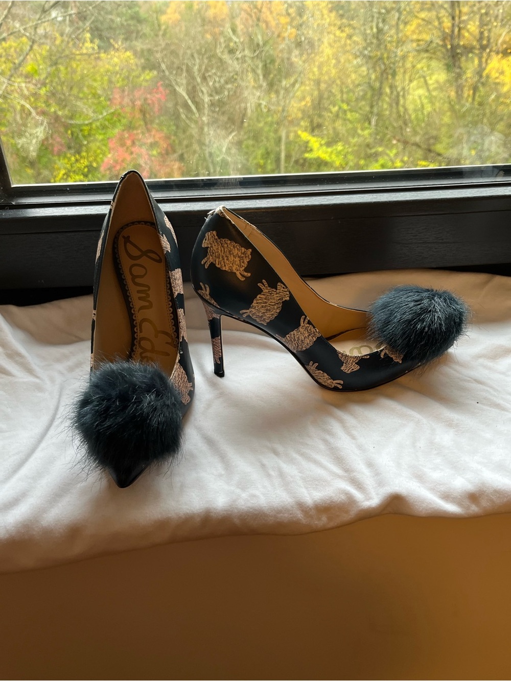 Sam Edelman Black Satin Pumps with Gold Embroidered Sheep and Black Pom-Pom